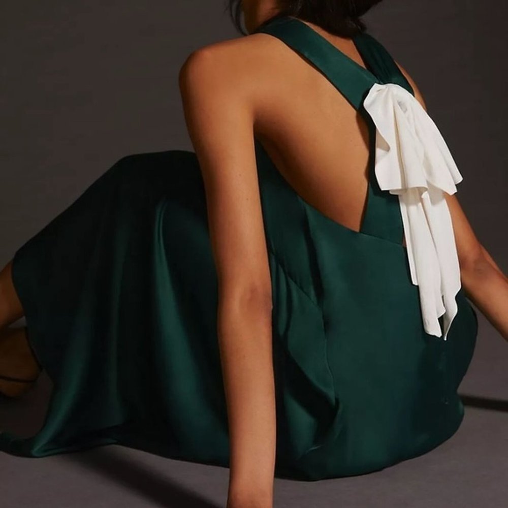 Anthropologie Maeve Emerald Green Bow-Back Halter-Neck Midi Dress